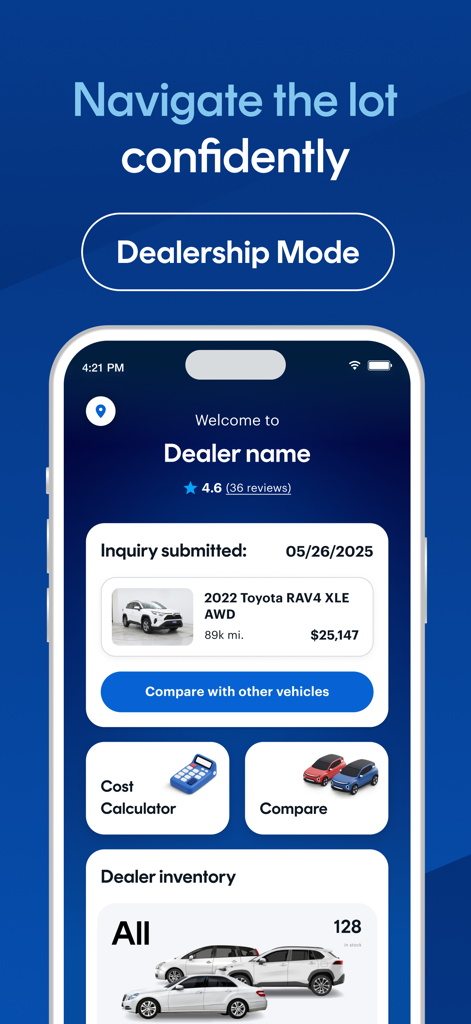 CarGurus app screen showing Dealership Mode with car details and comparison tools