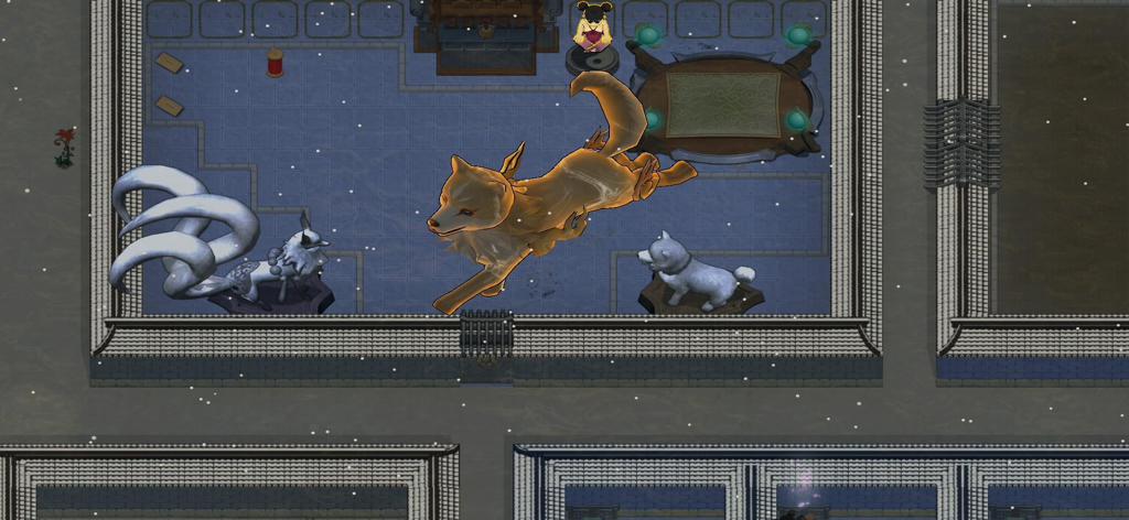 Top down view of a sect room featuring large mystical spirit beasts and a meditating disciple