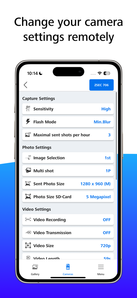 ZEISS Secacam - Écran des paramètres à distance de la caméra dans l'application ZEISS Secacam montrant les options de capture et de photo.