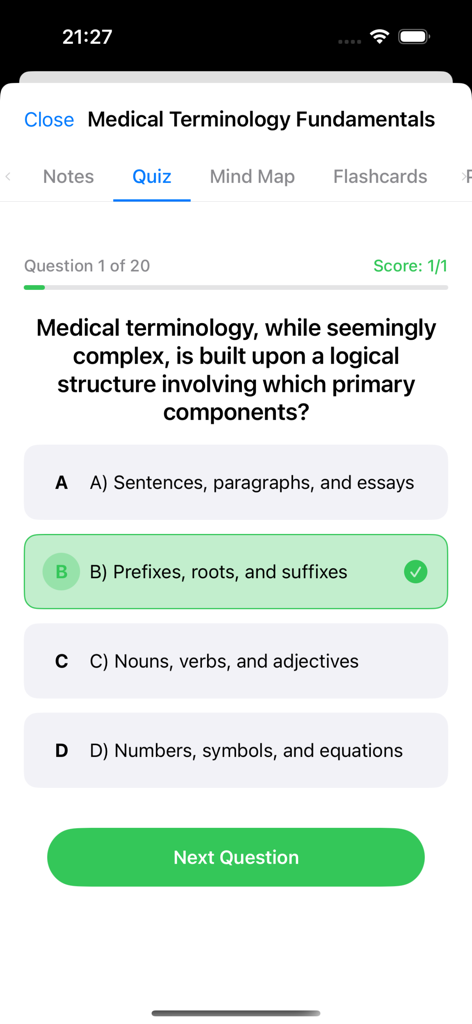 Brainote AI: note,mindmap,memo - Interactive quiz screen in the Brainote AI app showing a medical terminology question with a correctly selected answer.
