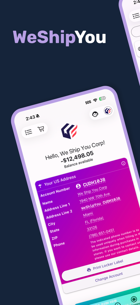 We Ship You - Mobile app screen showing a US shipping address for international logistics to Latin America