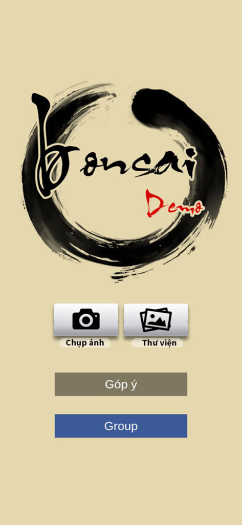 My Bonsai - Home screen of the My Bonsai app featuring camera and gallery upload buttons for bonsai tree design simulation.