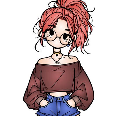 girl with a messy ponytail glasses a baggy crop top and jean shorts
