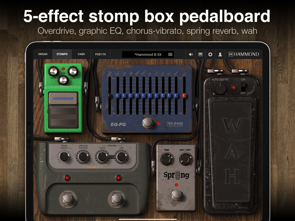 Interfaz de la aplicación Hammond B-3X mostrando el pedalboard de cinco efectos stomp box con overdrive y ecualizador.