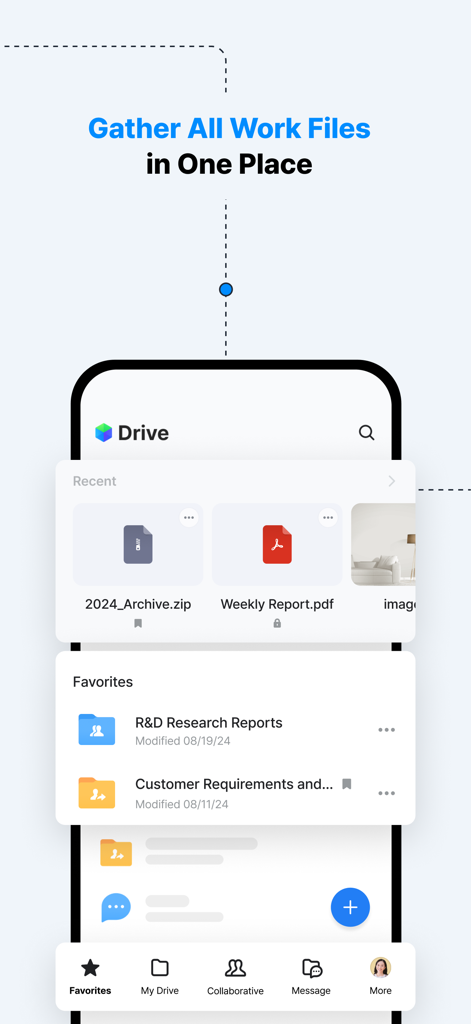 O painel principal do aplicativo LINE WORKS Drive mostrando arquivos recentes e pastas favoritas em uma tela de smartphone.