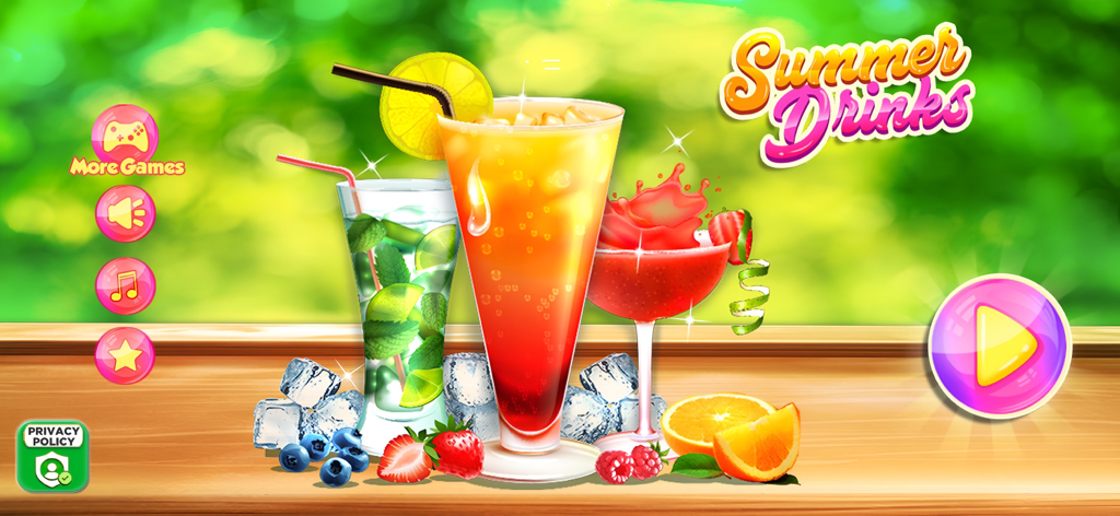 Juice Maker - Summer Drinks - Main menu screen for Juice Maker - Summer Drinks game featuring colorful fruit juices and fresh fruit ingredients.