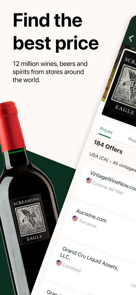 Wine-Searcher - Wine-Searcher app interface showing price offers from different merchants for a premium bottle of wine
