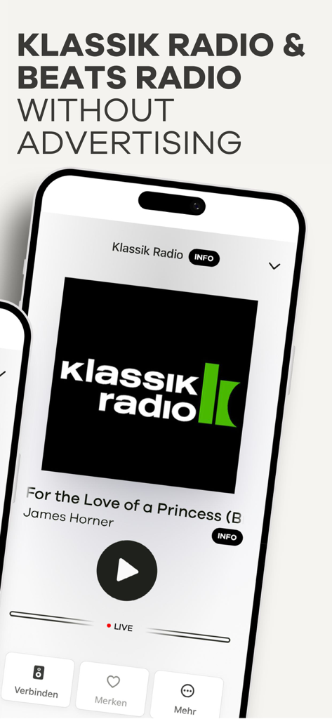 Klassik Radio & Beats Radio - Smartphone mostrando la interfaz del reproductor de la aplicación Klassik Radio con música de cine clásica sin publicidad.