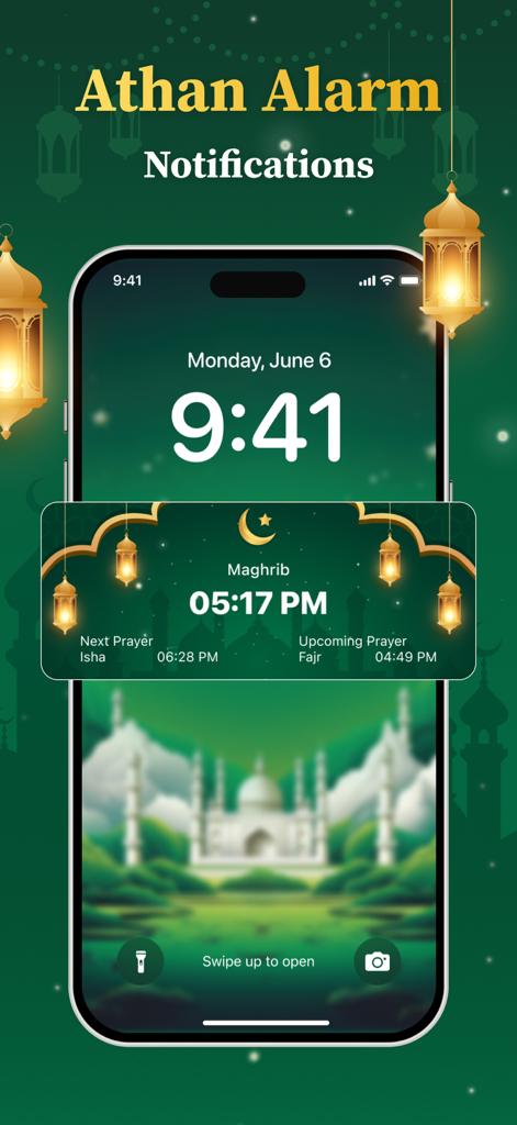 Smartphone lock screen displaying an Athan alarm notification with upcoming prayer times