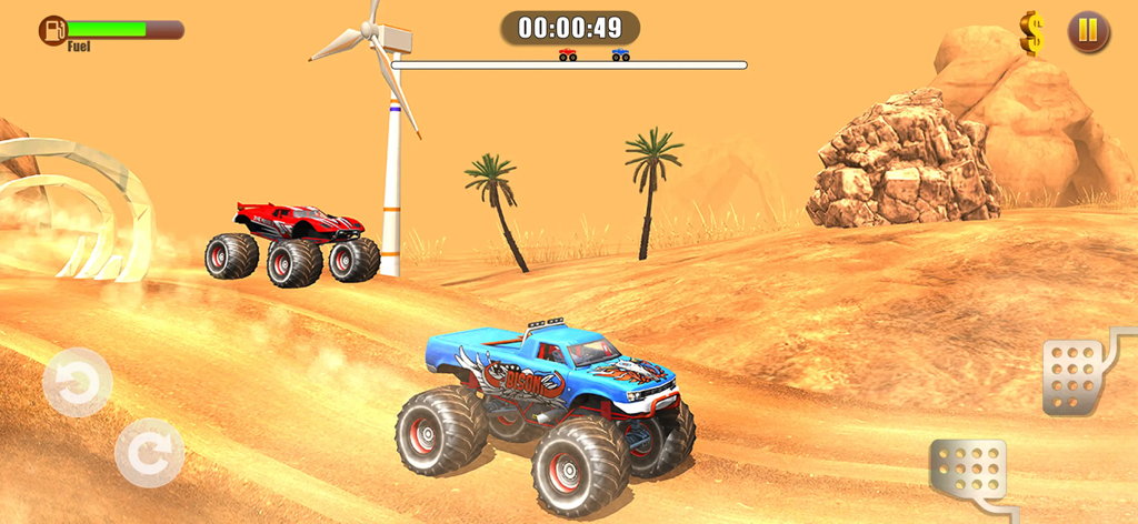 A blue monster truck racing on a desert track in the 4x4 Monster Truck Racing Game