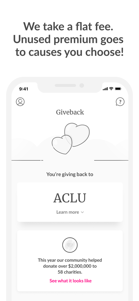 Lemonade app interface showing the Giveback feature for donating unused premiums to charities like the ACLU