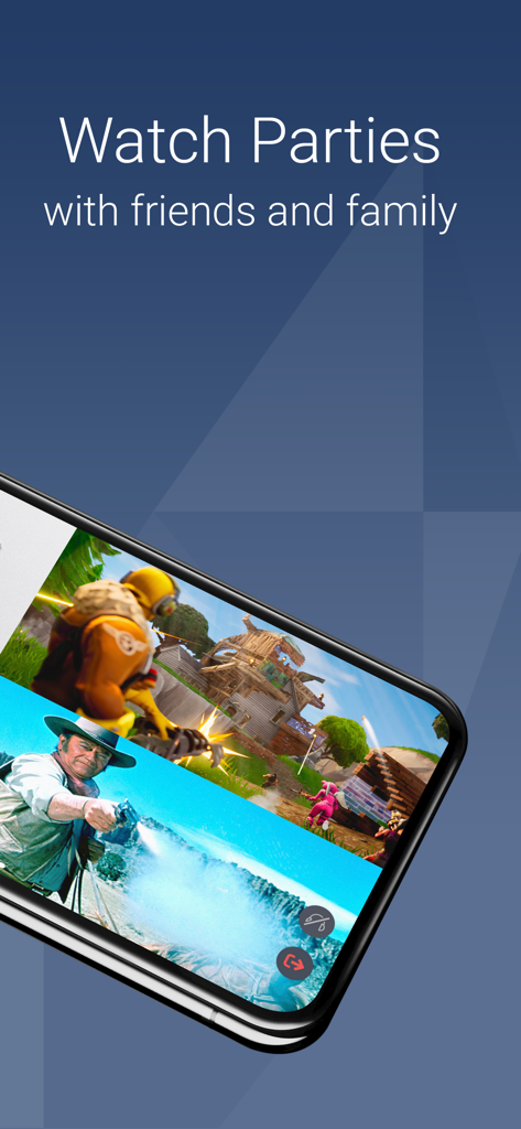 Kast - Watch Together - A smartphone screen showing a split-screen watch party with a video game and a movie