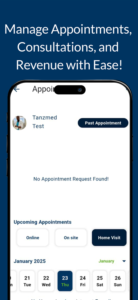 TanzMED Business app interface for managing medical appointments and consultations