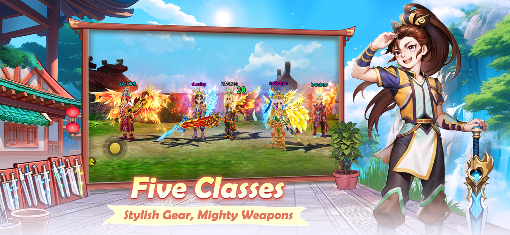 Ruler of the Land - Cinq classes de personnages dans Ruler of the Land affichant des équipements stylés et des armes lumineuses