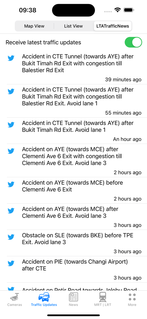 SG Traffic Cameras & Updates - A list of real-time traffic updates and accident reports on Singapore expressways within the SG Traffic app.