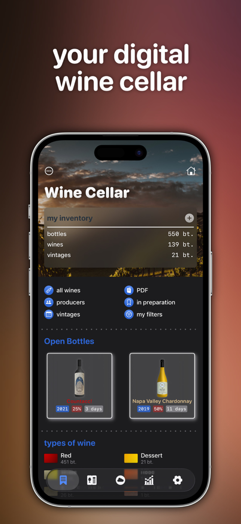 Wine Cellar Manager - Digital wine cellar dashboard showing inventory statistics and open bottle tracking on a mobile phone.