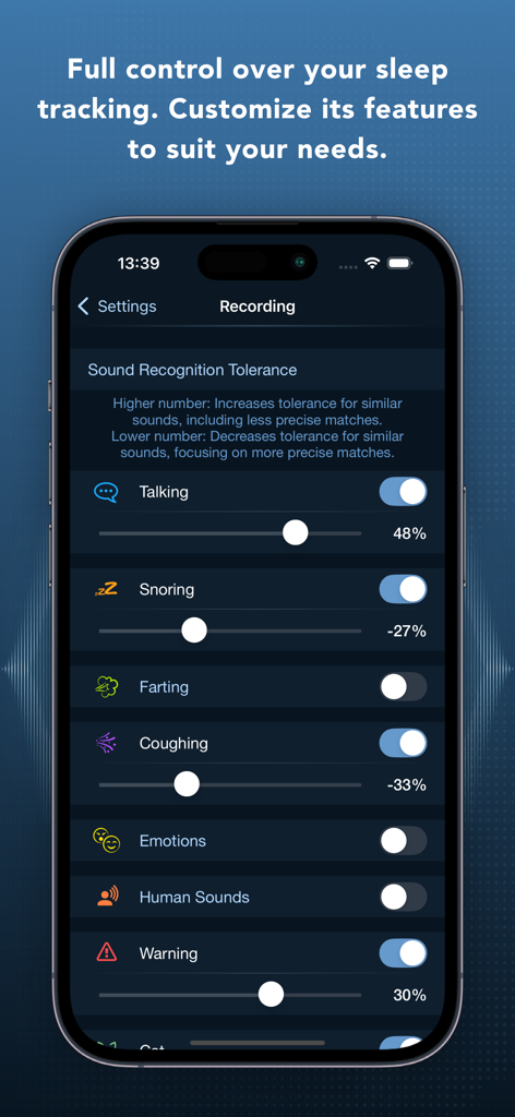 Prime Sleep Recorder Pro - Prime Sleep Recorder Pro app recording settings screen showing sound recognition tolerance for snoring and talking