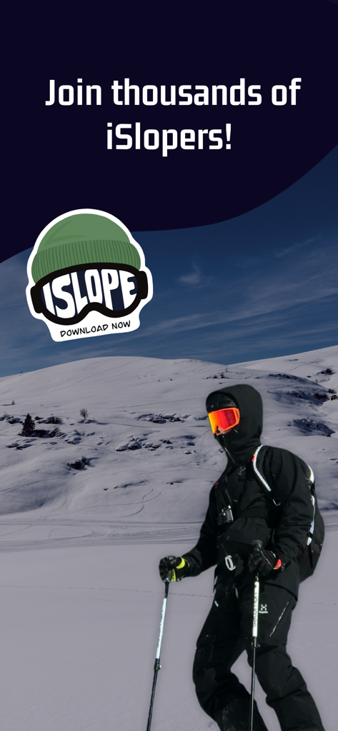 Ski & Snowboard - iSlope - A skier standing on a snowy mountain slope with text inviting users to join the iSlope community.
