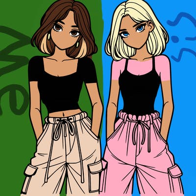 two girls with crop top with baggy pants