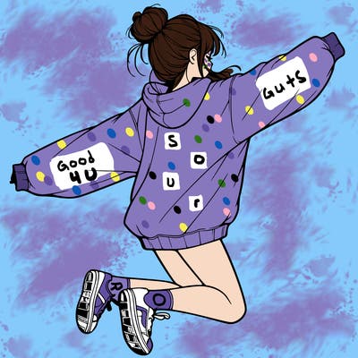 realistic girl jumping with a bun and oversized sweatshirt