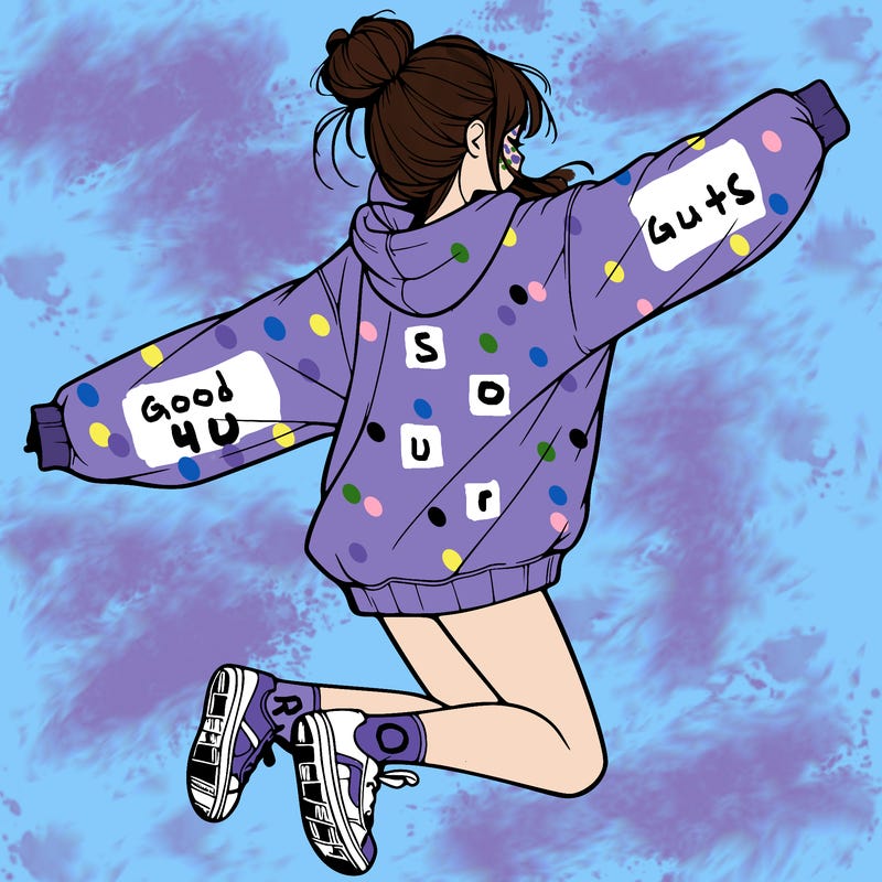 realistic girl jumping with a bun and oversized sweatshirt
