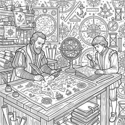 Step into the fascinating world of Renaissance cartography with this intricate coloring page. Depicting skilled mapmakers surrounded by their essential tools, it offers a rich scene for exploration and artistic expression.