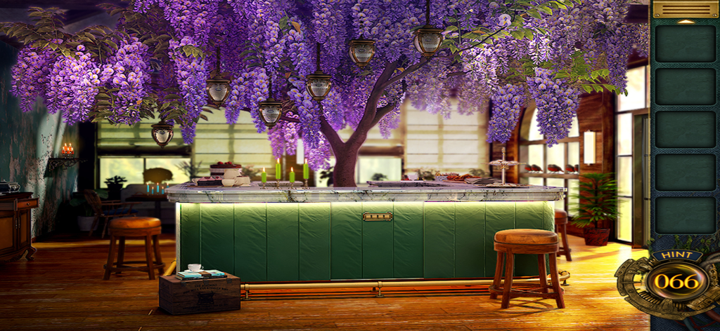 Escape Room:Mysterious train - Atmospheric lounge inside a mysterious train with a large purple tree over a green bar counter