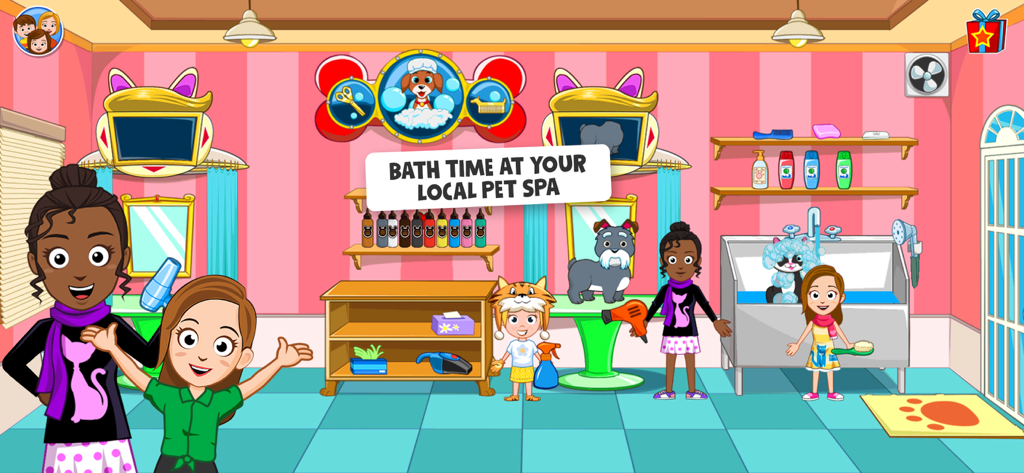 My Town : Pets - Personaggi che toelettano e lavano gli animali domestici presso la spa locale per animali nell'app My Town: Animali Domestici