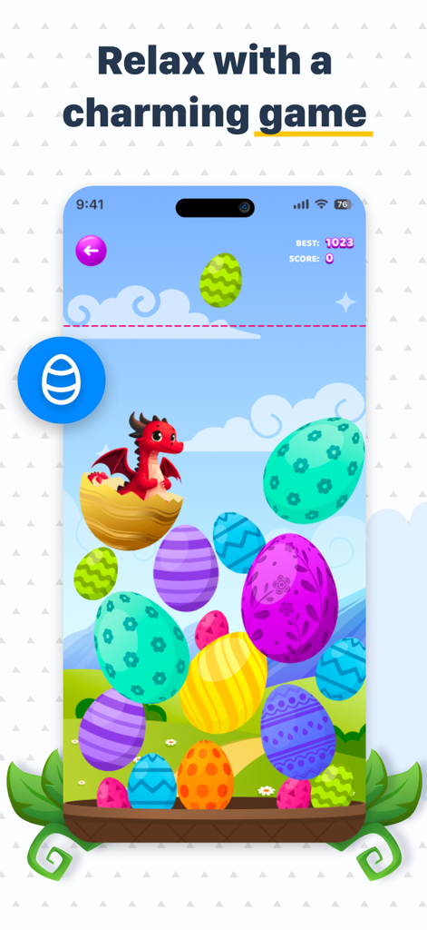 Planner: Daily, Weekly Diary - A relaxing mini game screen featuring colorful patterned eggs and a small red dragon in the Planner app.