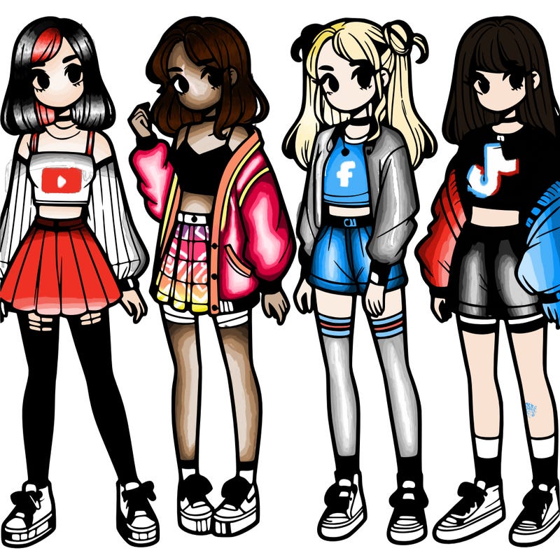 one girl with crop-top shirt and a jacket with a skirt, long socks and another girl with a shirt and pants with a jacket