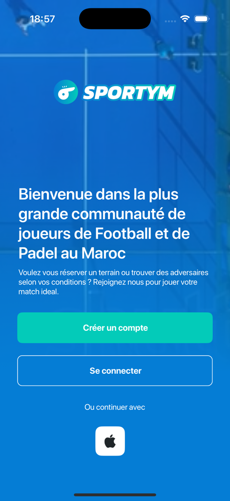 Sportym - Écran d'accueil de l'application Sportym pour la réservation de terrains de football et de padel