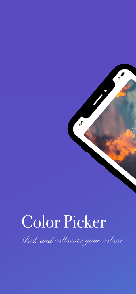Color Picker: Design & Detect - Color Picker 앱 시작 화면에 모바일 폰 목업으로 석양 하늘이 보임