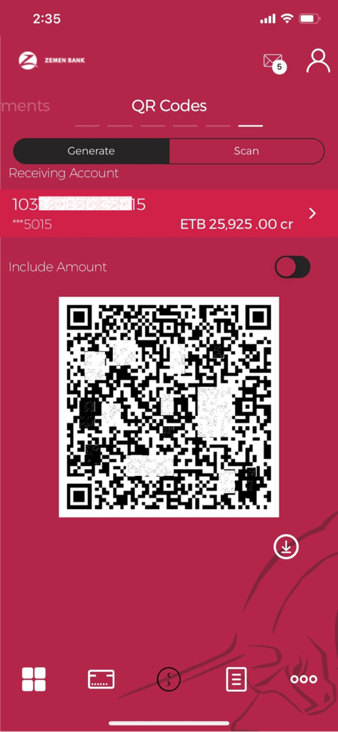 Zemen Mobile Banking - Zemen Mobile Banking app interface showing a generated QR code for account payments and transfers