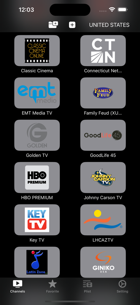 IP PLAY TV app interface showing a grid of available US TV channels