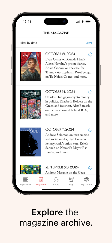 The New Yorker app screen showing a chronological list of recent magazine issues in the archive section.