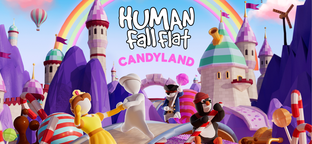 Human: Fall Flat - Personajes de Human Fall Flat en un vibrante nivel de Candyland