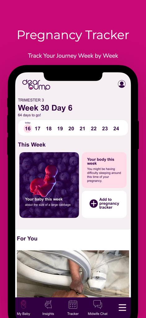 Dearbump: Pregnancy & Midwife - Dearbump App Schwangerschafts-Tracker, der das Babywachstum in Woche 30 und Meilensteine des Trimesters zeigt