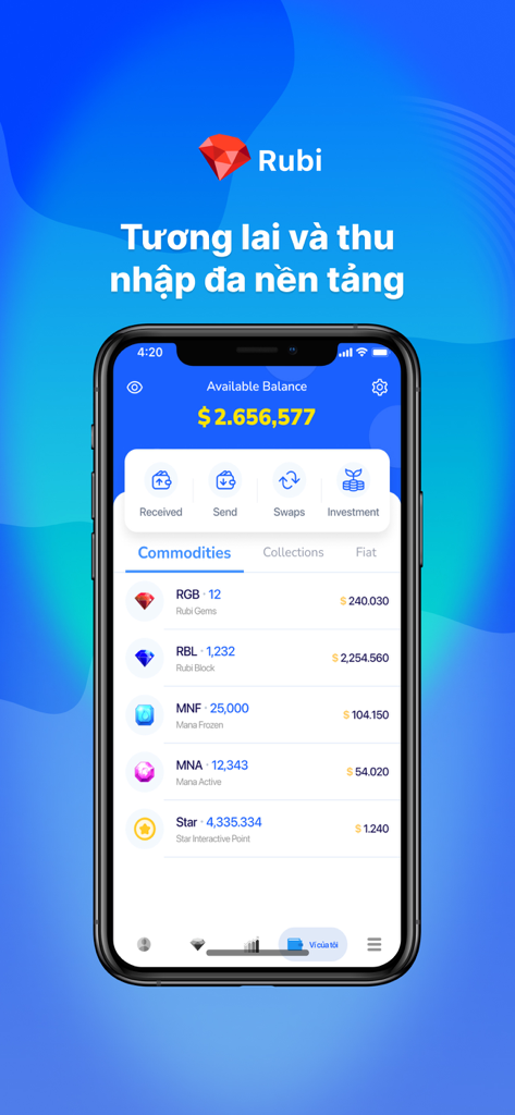 Interface of the Rubi app displaying a digital wallet balance and various blockchain assets