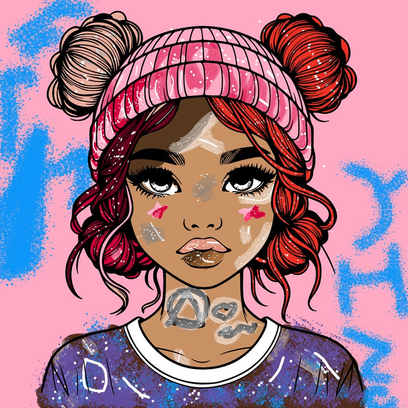 realistic girl with buns in her hair with a beanie on