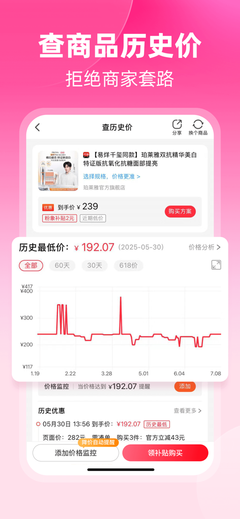Pink Elephant Life app interface displaying a product price history chart and lowest price alerts