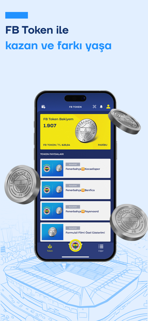 Fenerbahce SK Super App screen showing FB Token balance and exclusive fan benefits