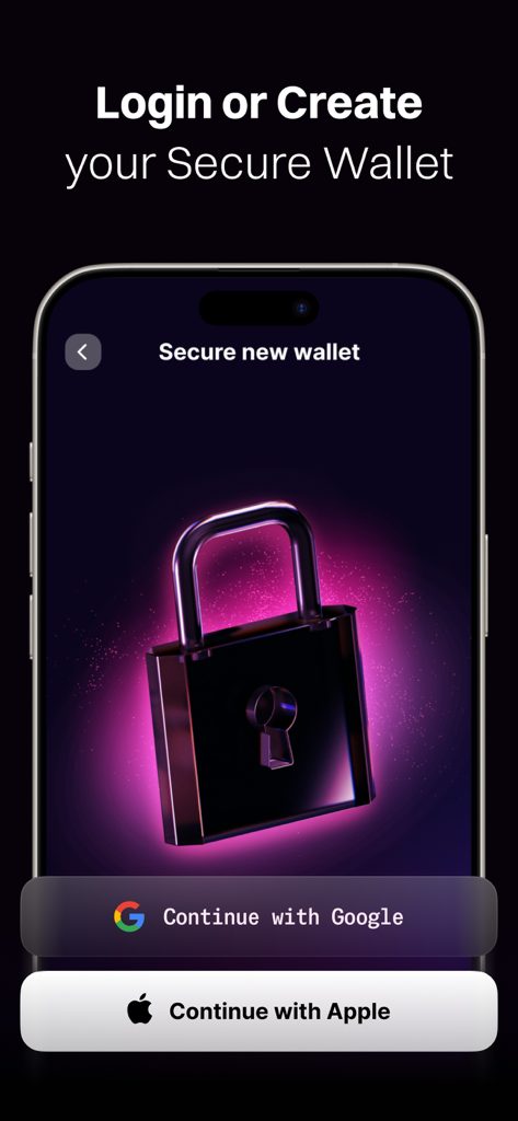 Sweat Wallet app login and registration screen featuring a secure padlock icon and social sign-in options for Google and Apple.