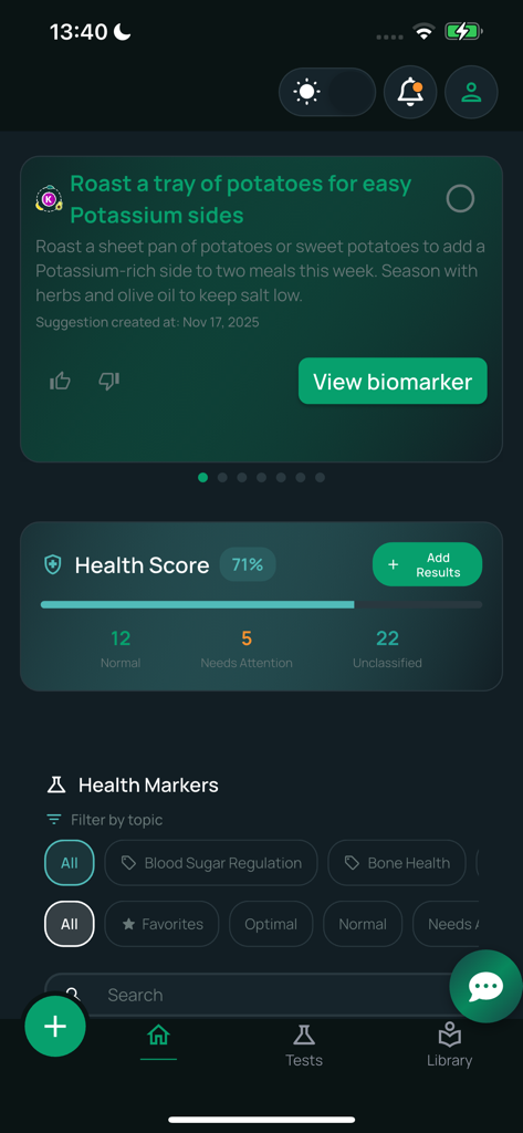 Health3: Blood Work Tracker - Health3 app dashboard displaying health score and biomarker status summary
