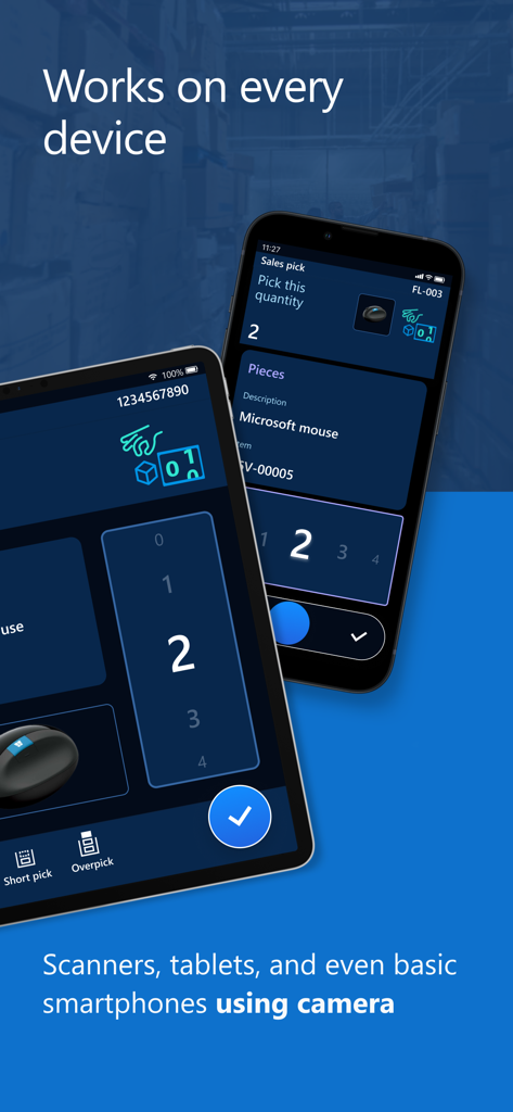 Microsoft Warehouse Management - La interfaz de la aplicación Microsoft Warehouse Management mostrada en un smartphone y una tableta, destacando la compatibilidad entre dispositivos