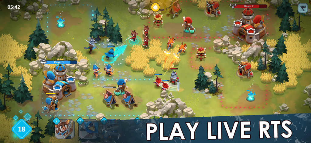 Top-down view of a live real-time strategy battle in Wild Forest showing animal units and player bases