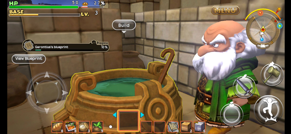 DRAGON QUEST BUILDERS - Gameplay screenshot of Dragon Quest Builders showing a character next to a cauldron and a blueprint progress bar