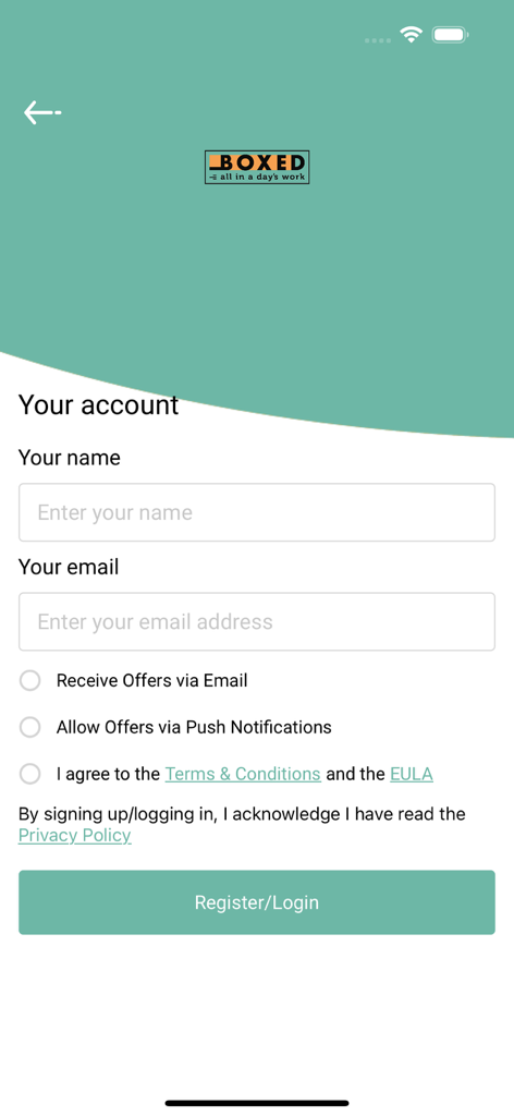 User registration and login screen for the Boxed - CP food service app