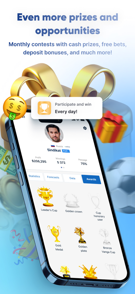 Kush: Betting Predictions - Kush app screen showing tipster achievements trophies and monthly contest rewards.