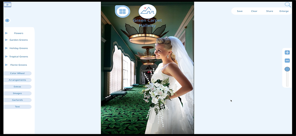Flower Architect - Interface of the Flower Architect app displaying a floral bouquet mockup on a bride in a green carpeted hallway with design tools on the sidebar