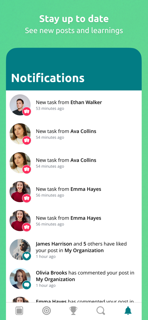 Motimate - Screenshot of the Motimate app notifications screen showing new tasks and social engagement updates